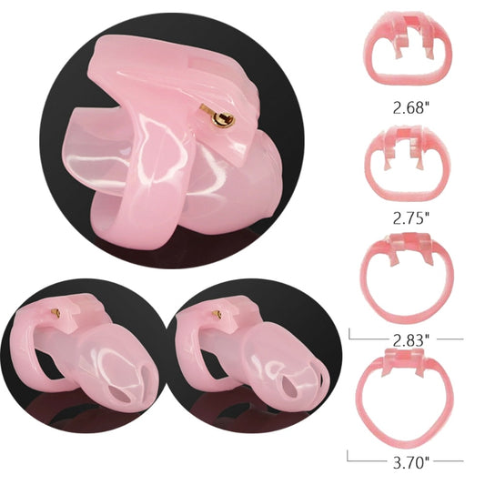 Sissy Pink Resin Chastity Cock Cage with 4 Penis Rings - Lockable