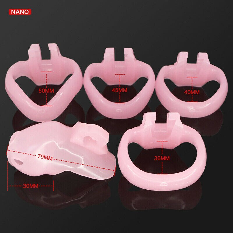 Sissy Pink Resin Chastity Cock Cage with 4 Penis Rings - Lockable