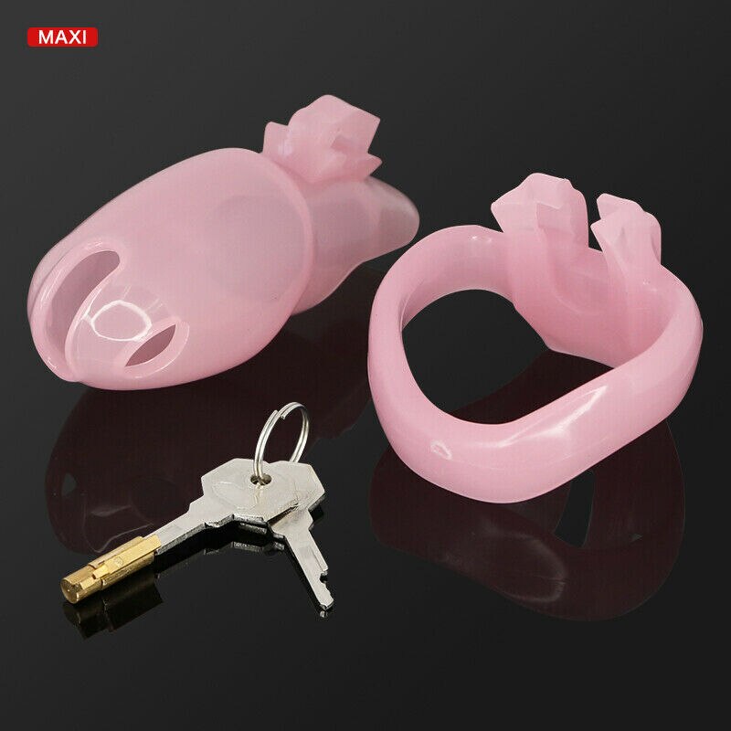 Sissy Pink Resin Chastity Cock Cage with 4 Penis Rings - Lockable